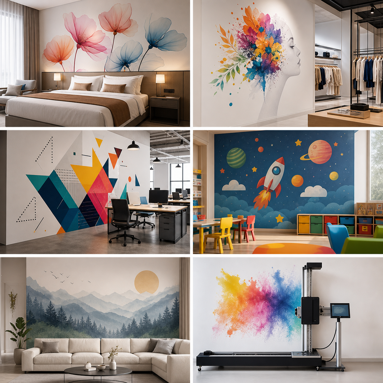 Wall printer mural applications for interior decoration and commercial projects
